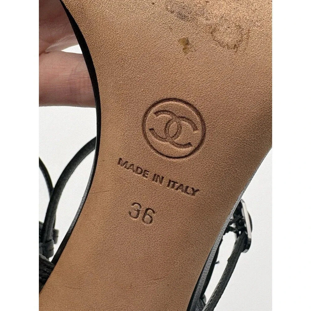 Chanel Black Leather T Strap Sandals Beaded Accent CC Logo Vintage Size EU 36